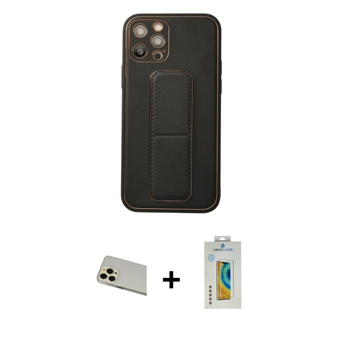 MARSİLYAN™- iPhone 12 Pro Kılıf Akış Doku - Siyah Polymer Nano Ekran Koruyucu + Rainbow Kamera Lens Koruma Cam - GD