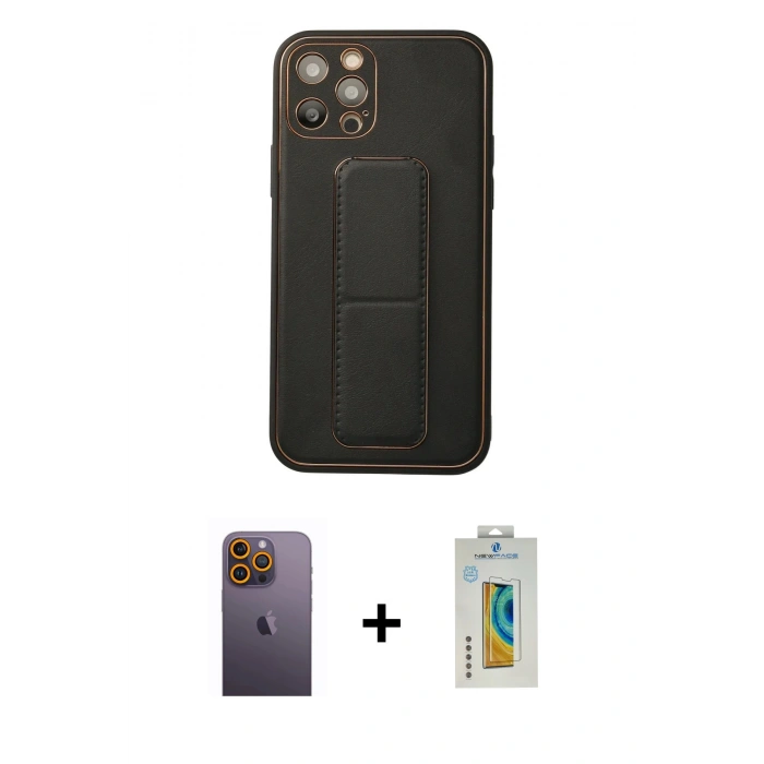 MARSİLYAN™- iPhone 12 Pro Kılıf Akış Doku - Siyah Polymer Nano Ekran Koruyucu + Neon Fosforlu Kamera Lens - SI