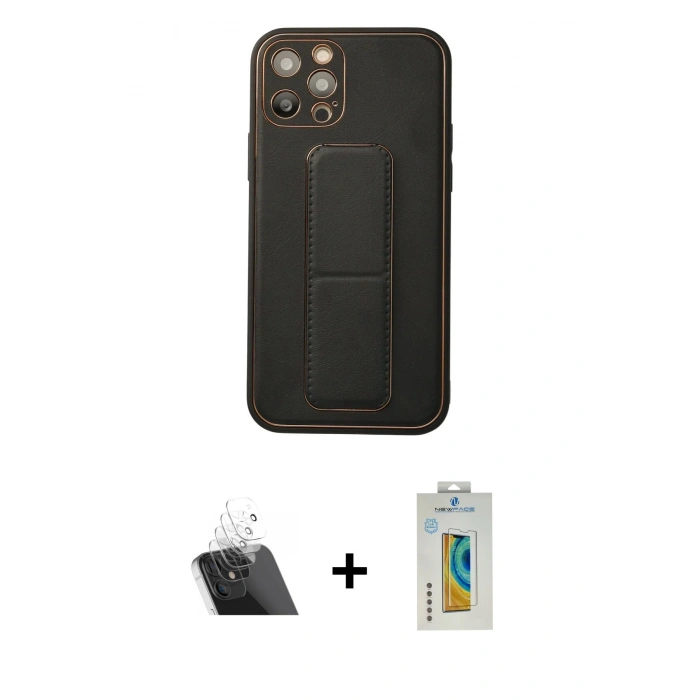 MARSİLYAN™- iPhone 12 Pro Kılıf Akış Doku - Siyah Polymer Nano Ekran Koruyucu + Kamera Lens Koruma Cam - SF