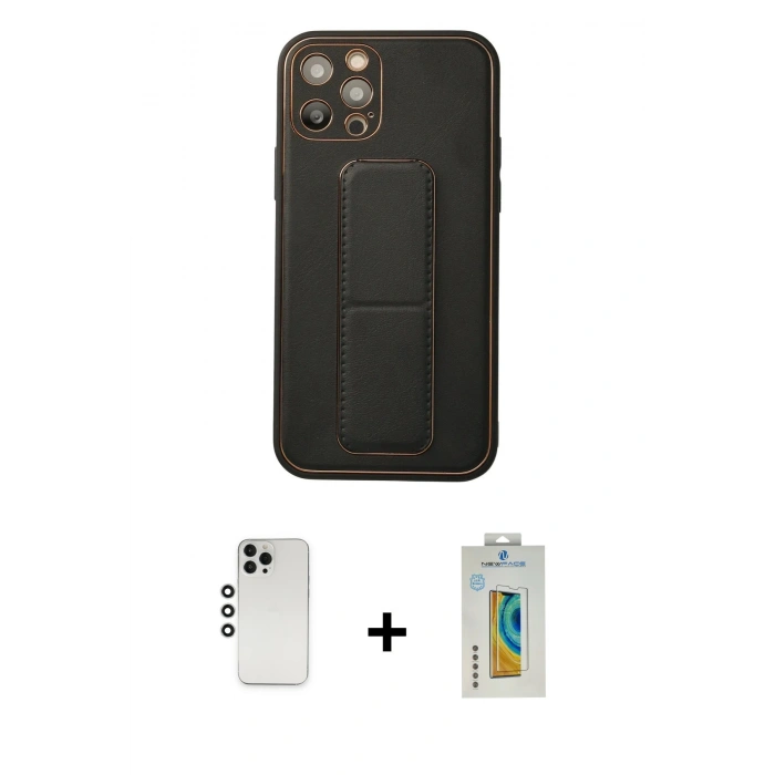 MARSİLYAN™- iPhone 12 Pro Kılıf Akış Doku - Siyah Polymer Nano Ekran Koruyucu + Shine Kamera Lens - GS