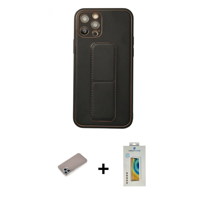 MARSİLYAN™- iPhone 12 Pro Kılıf Akış Doku - Siyah Polymer Nano Ekran Koruyucu + Shine Kamera Lens Koruma Cam - SABE