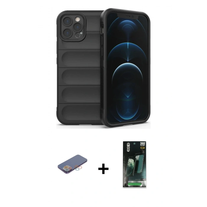 MARSİLYAN™- iPhone 12 Pro Kılıf Atlas Koleksiyonu - Şeffaf 360 Full Body Arka Koruyucu + Renkli Kamera Lens Koruma Cam - PE