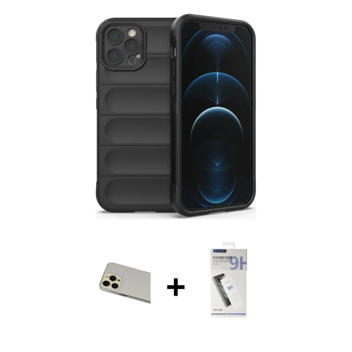 MARSİLYAN™- iPhone 12 Pro Kılıf Atlas Koleksiyonu - Şeffaf Uv Polymer Nano Ekran Koruyucu + Rainbow Kamera Lens Koruma Cam - GD