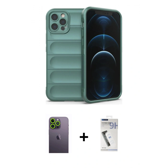 MARSİLYAN™- iPhone 12 Pro Kılıf Atlas Koleksiyonu - Şeffaf Uv Polymer Nano Ekran Koruyucu + Neon Fosforlu Kamera Lens - YL