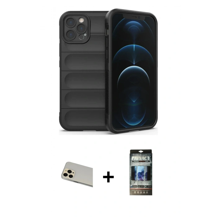 MARSİLYAN™- iPhone 12 Pro Kılıf Atlas Koleksiyonu - Siyah 34D Hayalet Izgaralı Cam + Rainbow Kamera Lens Koruma Cam - GD
