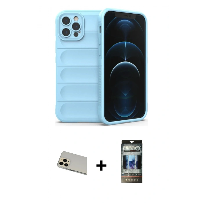 MARSİLYAN™- iPhone 12 Pro Kılıf Atlas Koleksiyonu - Siyah 34D Hayalet Izgaralı Cam + Rainbow Kamera Lens Koruma Cam - GD