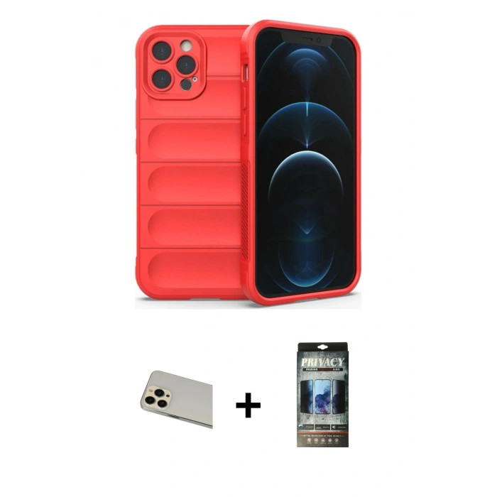 MARSİLYAN™- iPhone 12 Pro Kılıf Atlas Koleksiyonu - Siyah 34D Hayalet Izgaralı Cam + Rainbow Kamera Lens Koruma Cam - GD