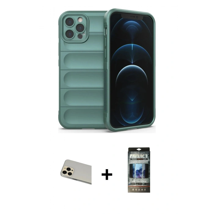 MARSİLYAN™- iPhone 12 Pro Kılıf Atlas Koleksiyonu - Siyah 34D Hayalet Izgaralı Cam + Rainbow Kamera Lens Koruma Cam - GD