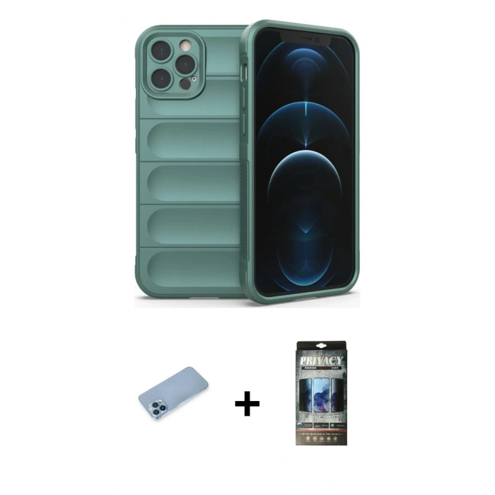 MARSİLYAN™- iPhone 12 Pro Kılıf Atlas Koleksiyonu - Siyah 34D Hayalet Izgaralı Cam + Shine Kamera Lens Koruma Cam - MI