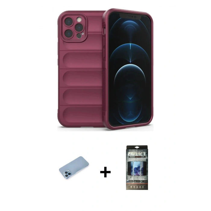 MARSİLYAN™- iPhone 12 Pro Kılıf Atlas Koleksiyonu - Siyah 34D Hayalet Izgaralı Cam + Shine Kamera Lens Koruma Cam - MI