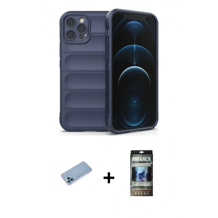 MARSİLYAN™- iPhone 12 Pro Kılıf Atlas Koleksiyonu - Siyah 34D Hayalet Izgaralı Cam + Shine Kamera Lens Koruma Cam - MI