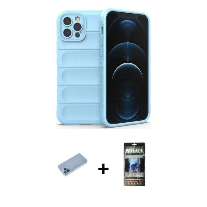 MARSİLYAN™- iPhone 12 Pro Kılıf Atlas Koleksiyonu - Siyah 34D Hayalet Izgaralı Cam + Shine Kamera Lens Koruma Cam - MI
