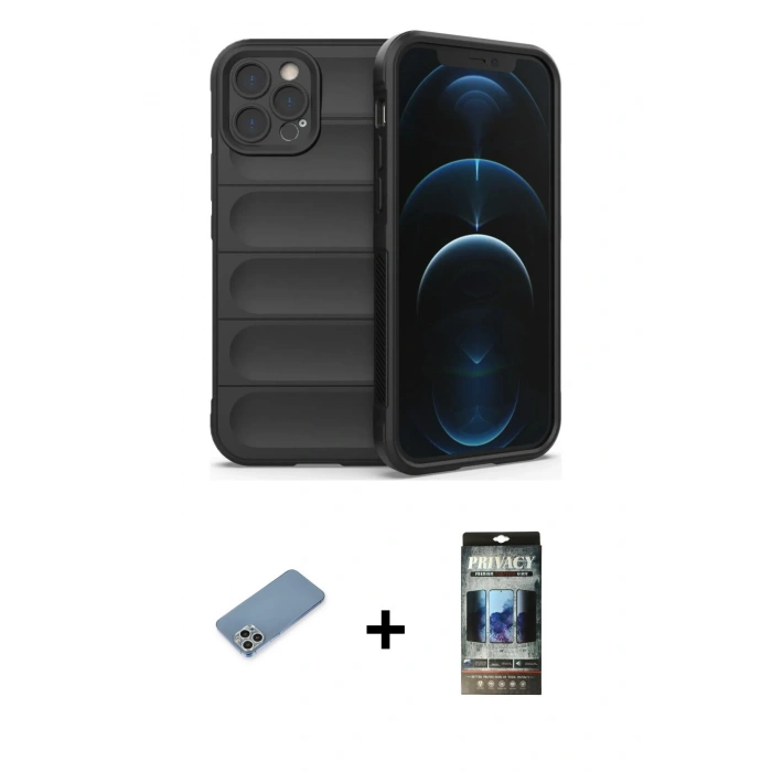 MARSİLYAN™- iPhone 12 Pro Kılıf Atlas Koleksiyonu - Siyah 34D Hayalet Izgaralı Cam + Shine Kamera Lens Koruma Cam - GS