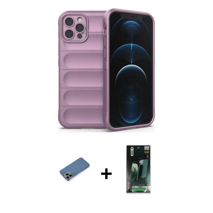 MARSİLYAN™- iPhone 12 Pro Kılıf Atlas Koleksiyonu - Siyah 360 Mat Full Body Arka Koruyucu + Shine Kamera Lens Koruma Cam - GD