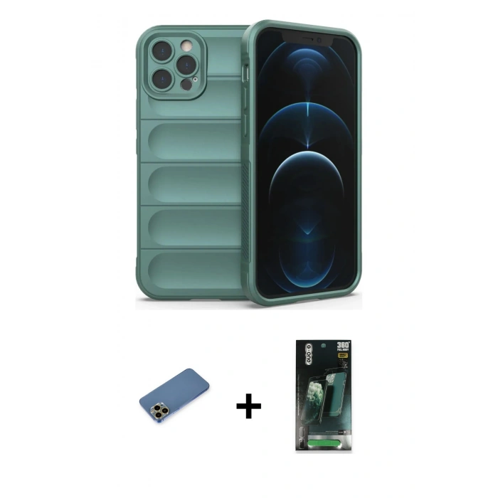 MARSİLYAN™- iPhone 12 Pro Kılıf Atlas Koleksiyonu - Siyah 360 Mat Full Body Arka Koruyucu + Shine Kamera Lens Koruma Cam - GD