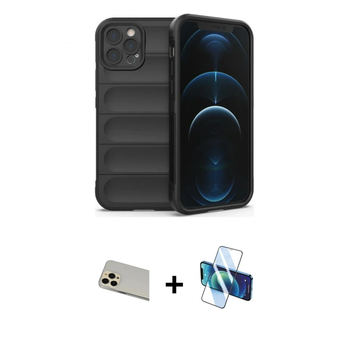 MARSİLYAN™- iPhone 12 Pro Kılıf Atlas Koleksiyonu - Siyah 3D Antistatik Cam Ekran Koruyucu + Rainbow Kamera Lens Koruma Cam - GD