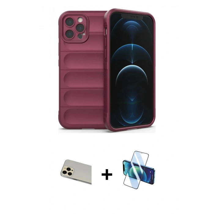 MARSİLYAN™- iPhone 12 Pro Kılıf Atlas Koleksiyonu - Siyah 3D Antistatik Cam Ekran Koruyucu + Rainbow Kamera Lens Koruma Cam - GD