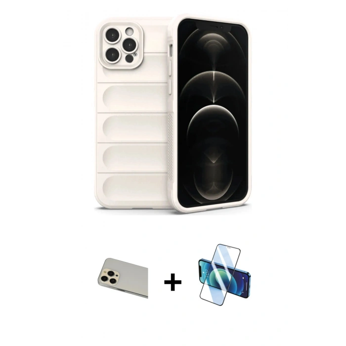 MARSİLYAN™- iPhone 12 Pro Kılıf Atlas Koleksiyonu - Siyah 3D Antistatik Cam Ekran Koruyucu + Rainbow Kamera Lens Koruma Cam - GD