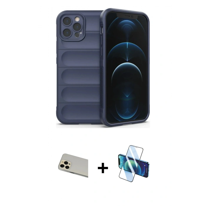 MARSİLYAN™- iPhone 12 Pro Kılıf Atlas Koleksiyonu - Siyah 3D Antistatik Cam Ekran Koruyucu + Rainbow Kamera Lens Koruma Cam - GD