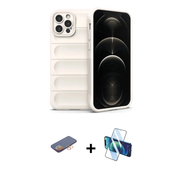MARSİLYAN™- iPhone 12 Pro Kılıf Atlas Koleksiyonu - Siyah 3D Antistatik Cam Ekran Koruyucu + Renkli Kamera Lens Koruma Cam - TU