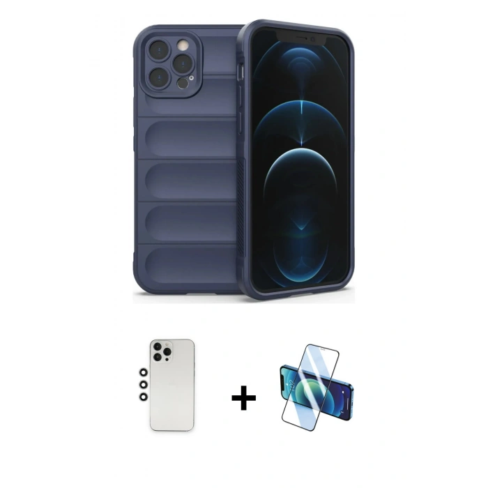 MARSİLYAN™- iPhone 12 Pro Kılıf Atlas Koleksiyonu - Siyah 3D Antistatik Cam Ekran Koruyucu + Shine Kamera Lens - GS
