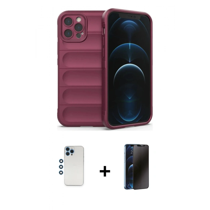 MARSİLYAN™- iPhone 12 Pro Kılıf Atlas Koleksiyonu - Siyah 3D Antistatik Hayalet Cam Ekran Koruyucu + Shine Kamera Lens - MI