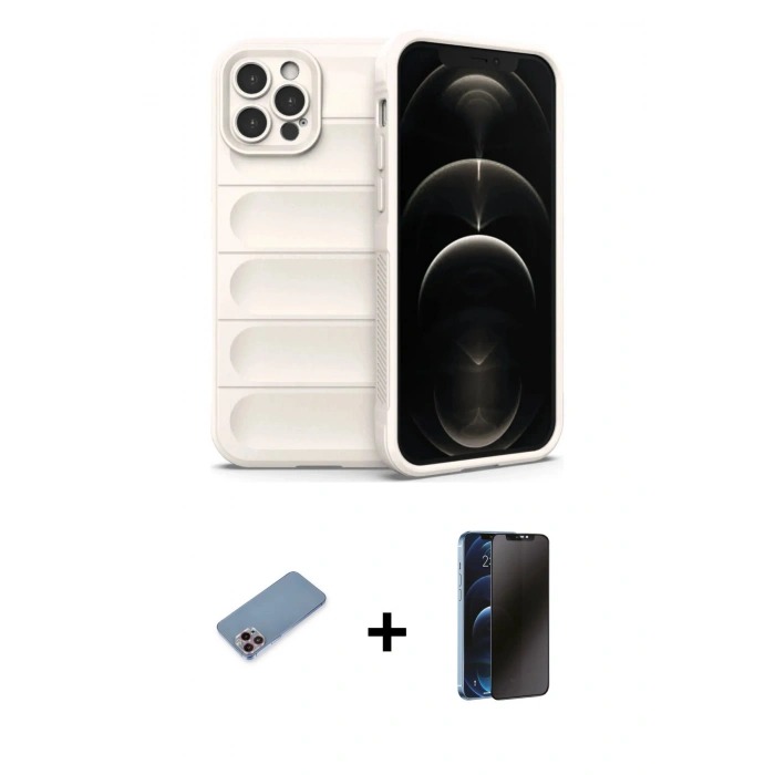 MARSİLYAN™- iPhone 12 Pro Kılıf Atlas Koleksiyonu - Siyah 3D Antistatik Hayalet Cam Ekran Koruyucu + Shine Kamera Lens Koruma Cam - PE