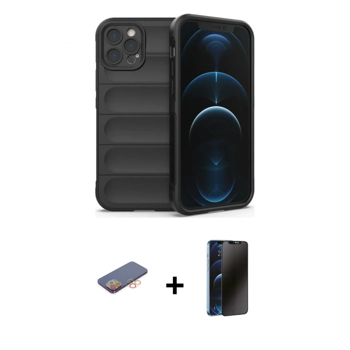 MARSİLYAN™- iPhone 12 Pro Kılıf Atlas Koleksiyonu - Siyah 3D Antistatik Hayalet Cam Ekran Koruyucu + Renkli Kamera Lens Koruma Cam - TU