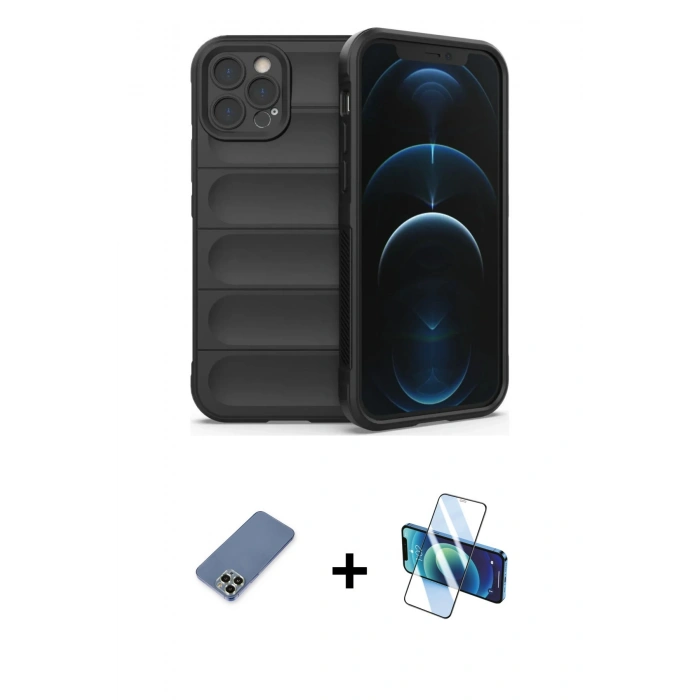 MARSİLYAN™- iPhone 12 Pro Kılıf Atlas Koleksiyonu - Siyah 3D Antistatik Seramik Nano Ekran Koruyucu + Metal Kamera Lens Koruma Cam - AKYL