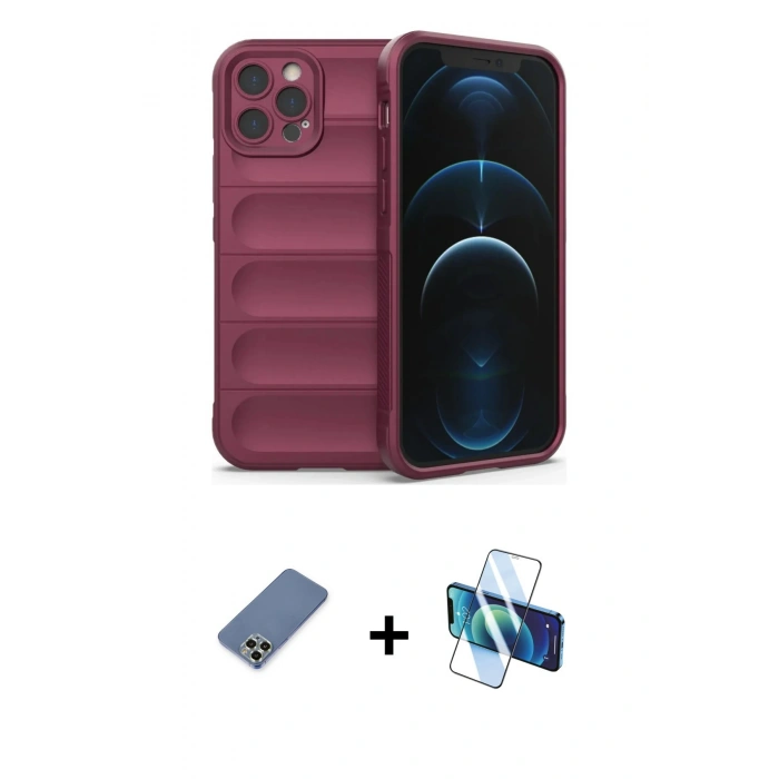 MARSİLYAN™- iPhone 12 Pro Kılıf Atlas Koleksiyonu - Siyah 3D Antistatik Seramik Nano Ekran Koruyucu + Metal Kamera Lens Koruma Cam - AKYL