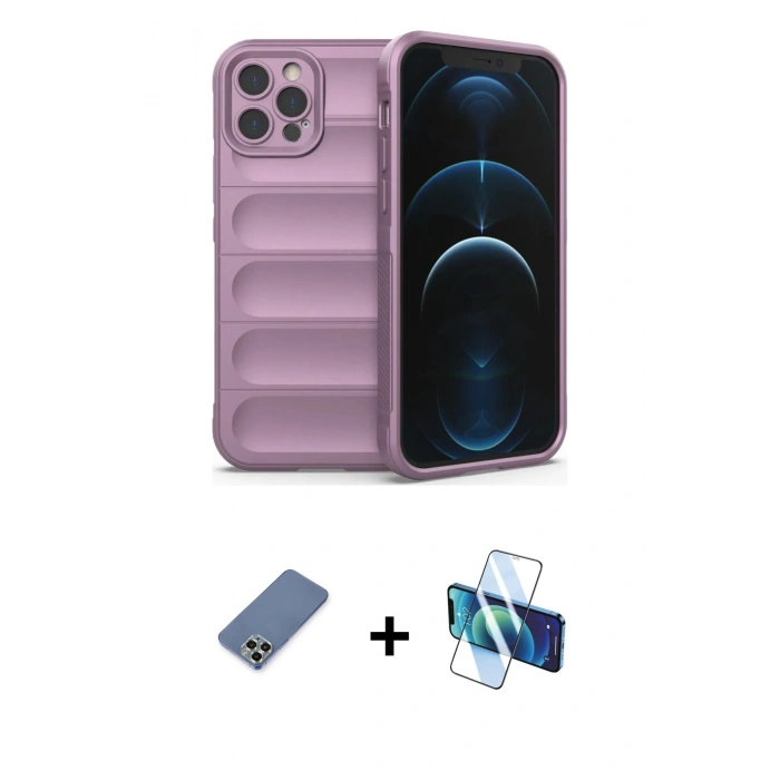 MARSİLYAN™- iPhone 12 Pro Kılıf Atlas Koleksiyonu - Siyah 3D Antistatik Seramik Nano Ekran Koruyucu + Metal Kamera Lens Koruma Cam - AKYL