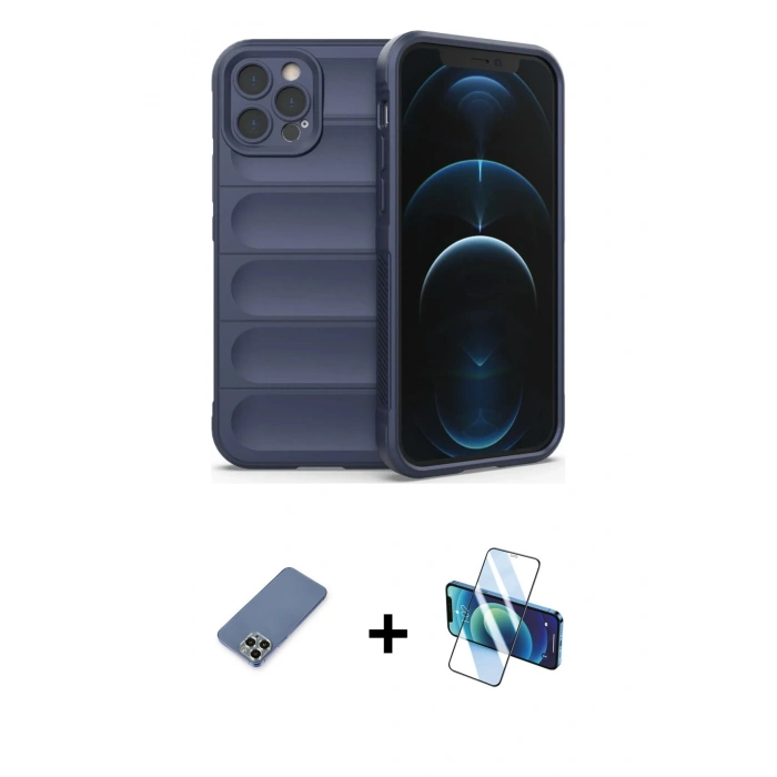 MARSİLYAN™- iPhone 12 Pro Kılıf Atlas Koleksiyonu - Siyah 3D Antistatik Seramik Nano Ekran Koruyucu + Metal Kamera Lens Koruma Cam - AKYL