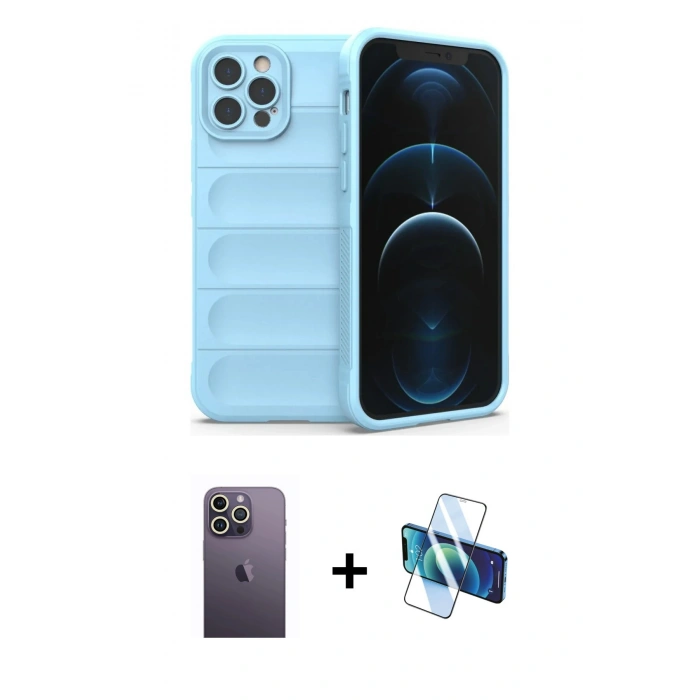 MARSİLYAN™- iPhone 12 Pro Kılıf Atlas Koleksiyonu - Siyah 3D Antistatik Seramik Nano Ekran Koruyucu + Neon Fosforlu Kamera Lens - BZ