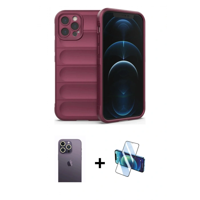 MARSİLYAN™- iPhone 12 Pro Kılıf Atlas Koleksiyonu - Siyah 3D Antistatik Seramik Nano Ekran Koruyucu + Neon Fosforlu Kamera Lens - BZ