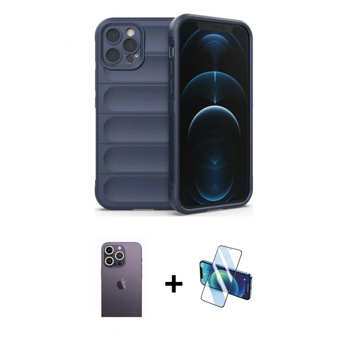 MARSİLYAN™- iPhone 12 Pro Kılıf Atlas Koleksiyonu - Siyah 3D Antistatik Seramik Nano Ekran Koruyucu + Neon Fosforlu Kamera Lens - BZ