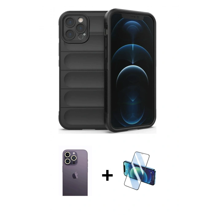 MARSİLYAN™- iPhone 12 Pro Kılıf Atlas Koleksiyonu - Siyah 3D Antistatik Seramik Nano Ekran Koruyucu + Neon Fosforlu Kamera Lens - BZ
