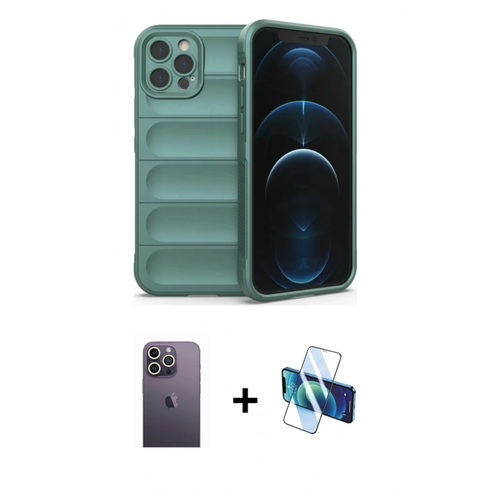 MARSİLYAN™- iPhone 12 Pro Kılıf Atlas Koleksiyonu - Siyah 3D Antistatik Seramik Nano Ekran Koruyucu + Neon Fosforlu Kamera Lens - BZ