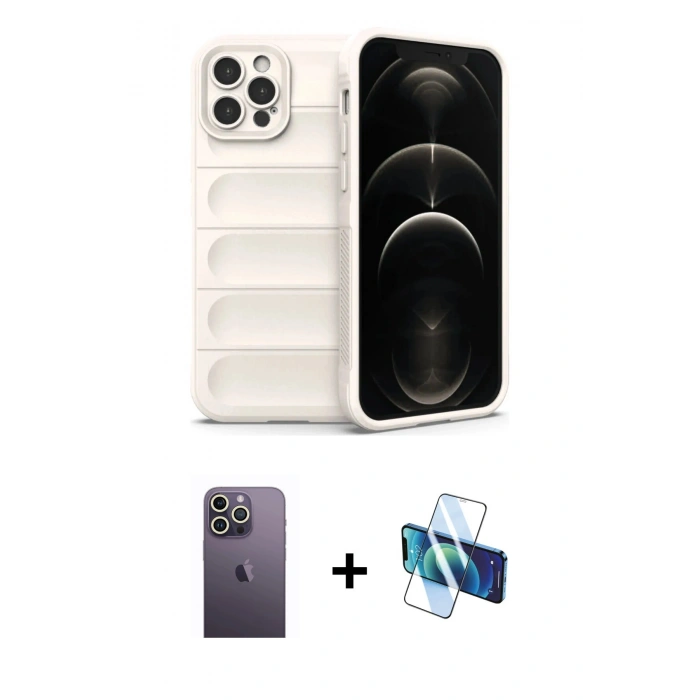 MARSİLYAN™- iPhone 12 Pro Kılıf Atlas Koleksiyonu - Siyah 3D Antistatik Seramik Nano Ekran Koruyucu + Neon Fosforlu Kamera Lens - BZ