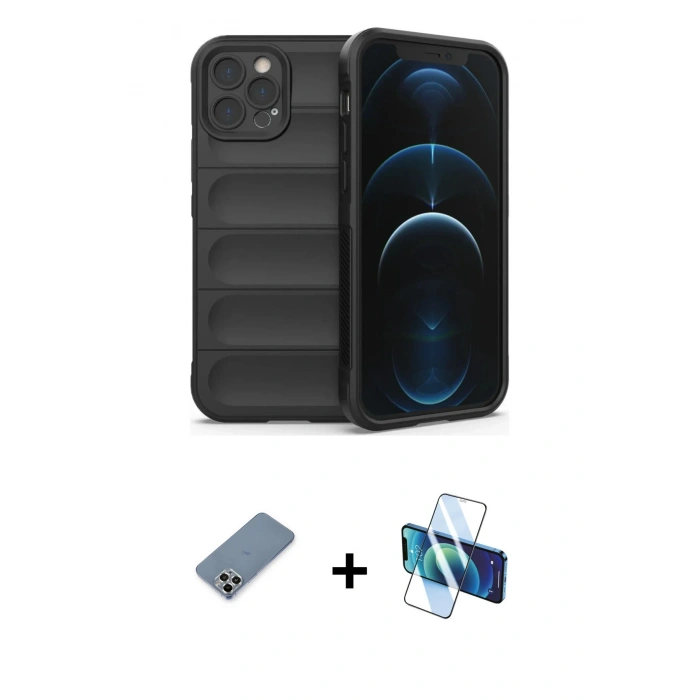 MARSİLYAN™- iPhone 12 Pro Kılıf Atlas Koleksiyonu - Siyah 3D Antistatik Seramik Nano Ekran Koruyucu + Metal Kamera Lens Koruma Cam - GS