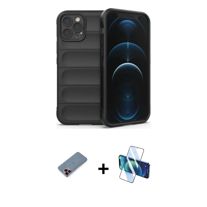 MARSİLYAN™- iPhone 12 Pro Kılıf Atlas Koleksiyonu - Siyah 3D Antistatik Seramik Nano Ekran Koruyucu + Metal Kamera Lens Koruma Cam - KI