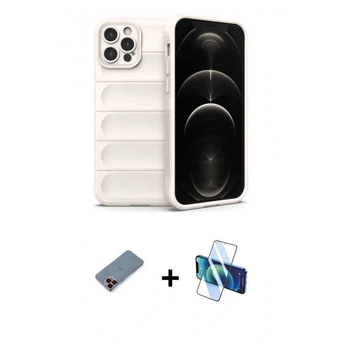 MARSİLYAN™- iPhone 12 Pro Kılıf Atlas Koleksiyonu - Siyah 3D Antistatik Seramik Nano Ekran Koruyucu + Metal Kamera Lens Koruma Cam - KI