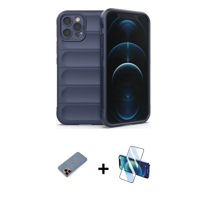MARSİLYAN™- iPhone 12 Pro Kılıf Atlas Koleksiyonu - Siyah 3D Antistatik Seramik Nano Ekran Koruyucu + Metal Kamera Lens Koruma Cam - KI