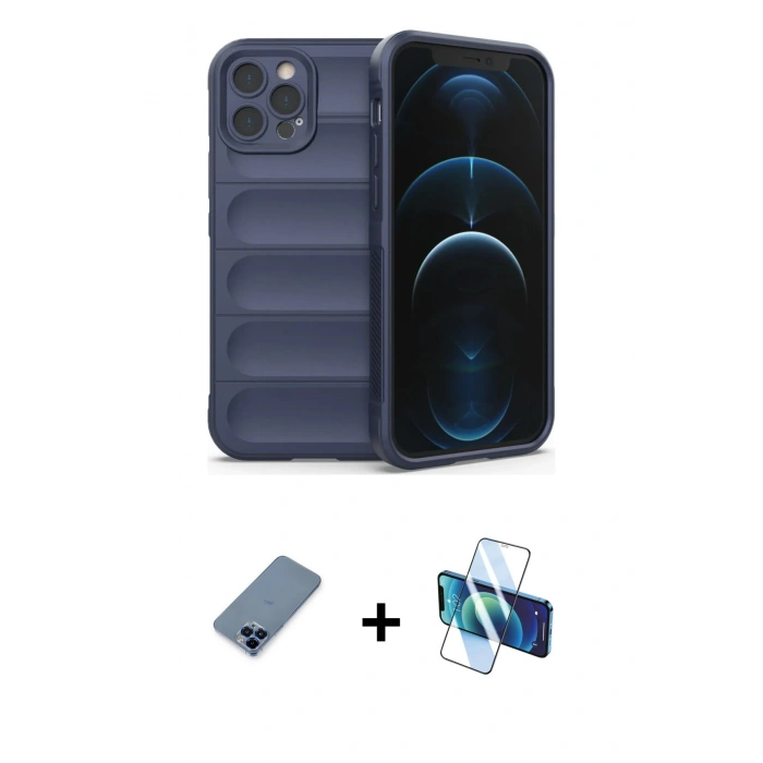 MARSİLYAN™- iPhone 12 Pro Kılıf Atlas Koleksiyonu - Siyah 3D Antistatik Seramik Nano Ekran Koruyucu + Metal Kamera Lens Koruma Cam - MI