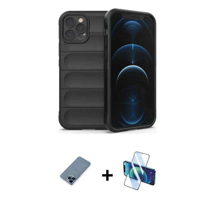 MARSİLYAN™- iPhone 12 Pro Kılıf Atlas Koleksiyonu - Siyah 3D Antistatik Seramik Nano Ekran Koruyucu + Metal Kamera Lens Koruma Cam - MI