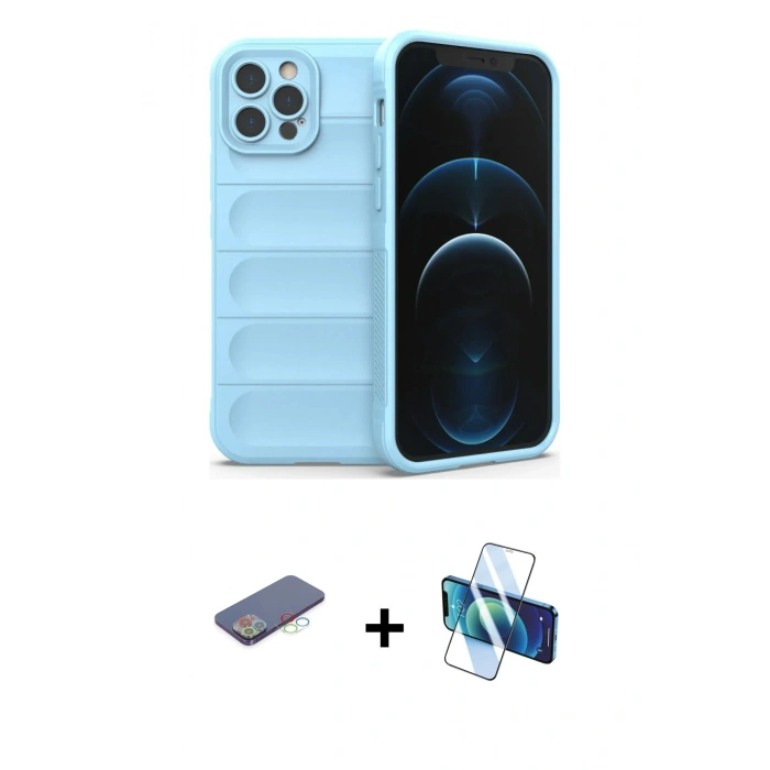 MARSİLYAN™- iPhone 12 Pro Kılıf Atlas Koleksiyonu - Siyah 3D Antistatik Seramik Nano Ekran Koruyucu + Renkli Kamera Lens Koruma Cam - MI