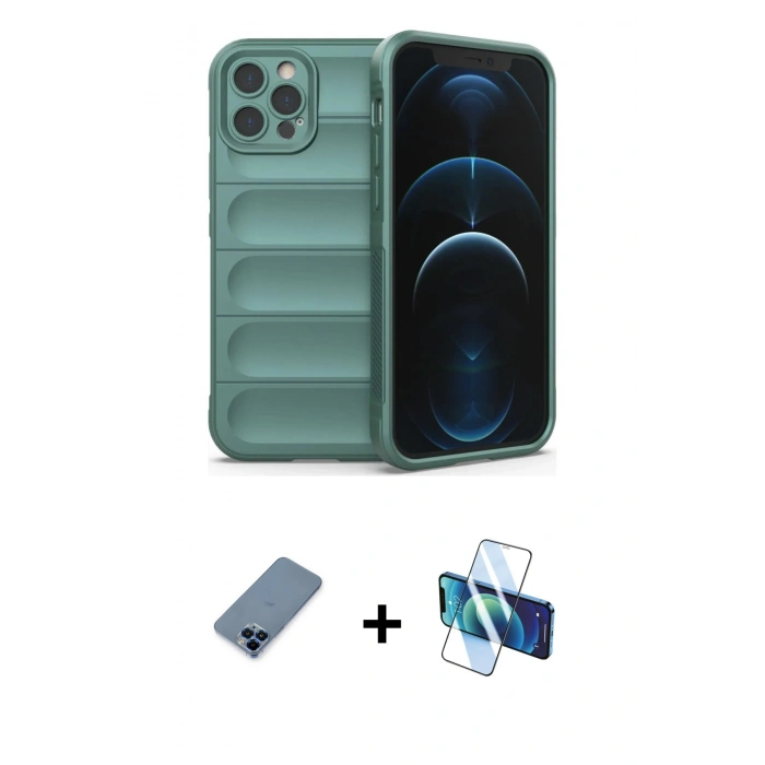 MARSİLYAN™- iPhone 12 Pro Kılıf Atlas Koleksiyonu - Siyah 3D Antistatik Seramik Nano Ekran Koruyucu + Metal Kamera Lens Koruma Cam - MI