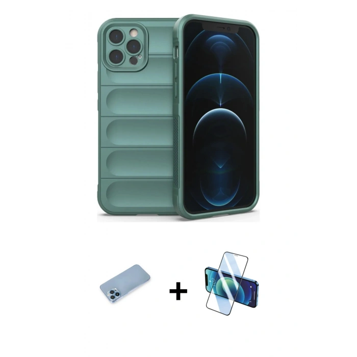 MARSİLYAN™- iPhone 12 Pro Kılıf Atlas Koleksiyonu - Siyah 3D Antistatik Seramik Nano Ekran Koruyucu + Shine Kamera Lens Koruma Cam - MI