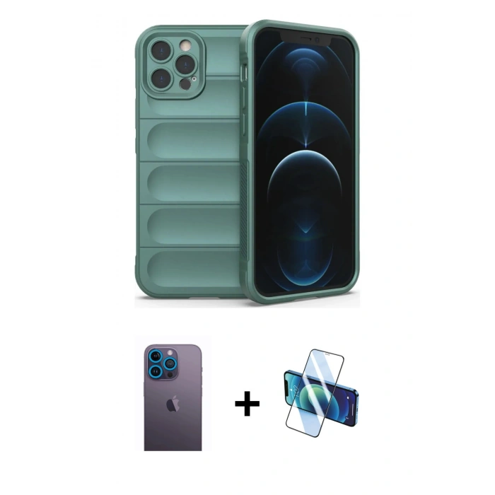MARSİLYAN™- iPhone 12 Pro Kılıf Atlas Koleksiyonu - Siyah 3D Antistatik Seramik Nano Ekran Koruyucu + Neon Fosforlu Kamera Lens - MI