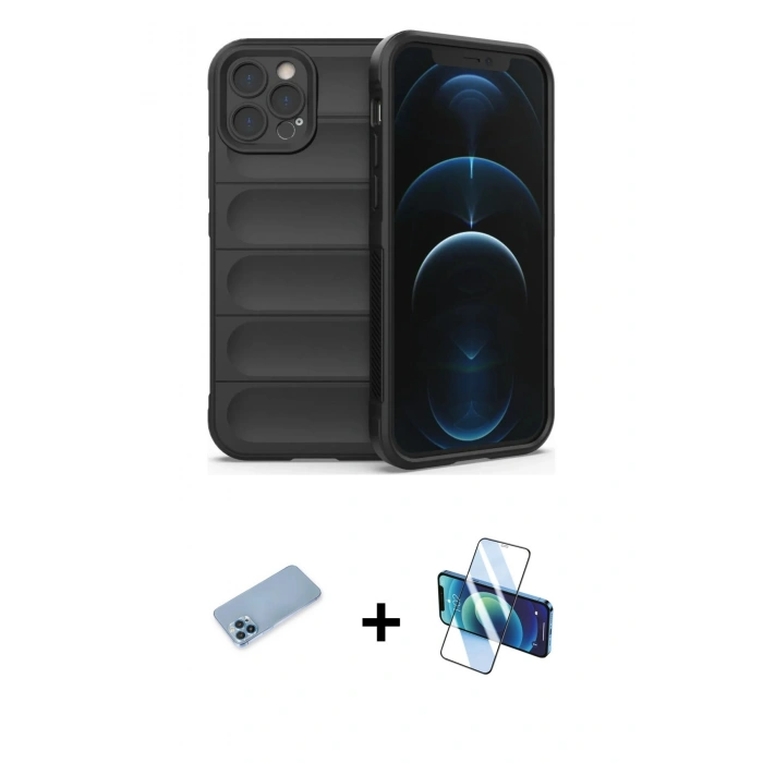 MARSİLYAN™- iPhone 12 Pro Kılıf Atlas Koleksiyonu - Siyah 3D Antistatik Seramik Nano Ekran Koruyucu + Shine Kamera Lens Koruma Cam - MI