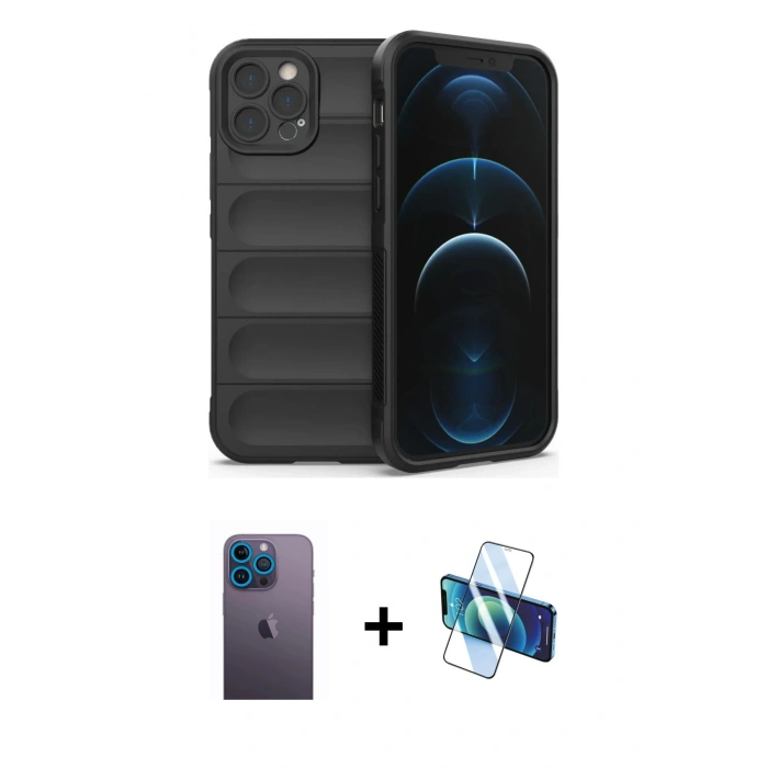 MARSİLYAN™- iPhone 12 Pro Kılıf Atlas Koleksiyonu - Siyah 3D Antistatik Seramik Nano Ekran Koruyucu + Neon Fosforlu Kamera Lens - MI